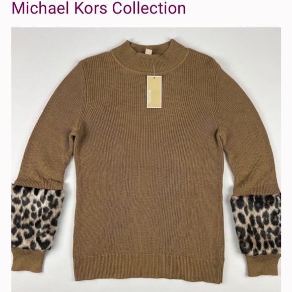 MICHAEL Michael Kors Sweaters - MICHAEL Michael Kors Camel Crewneck Sweater with Leopard Cuffs